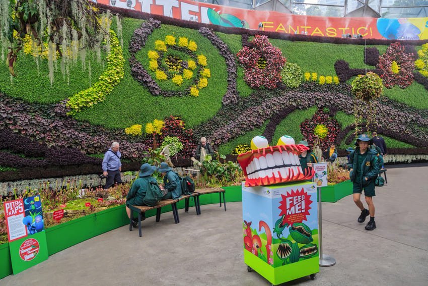 Гігантська зелена стіна з рослин, декорована спіралями квітів, поруч люди й кумедна фігура маскота, створюють грайливу атмосферу.