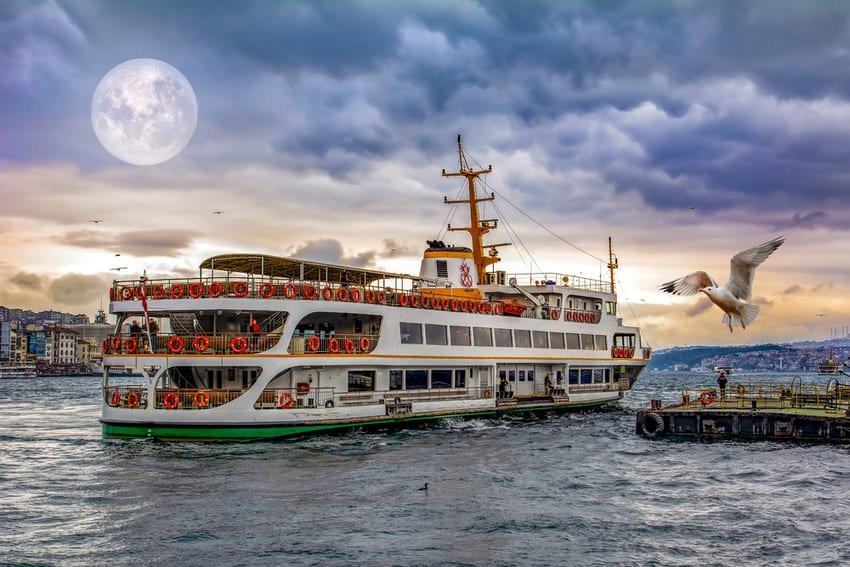 Я дивлюся на біло-зелений пором Şehir Hatları у присмерках на Босфорі, який курсує з 1851 року; над ним повний місяць і летить чайка.
