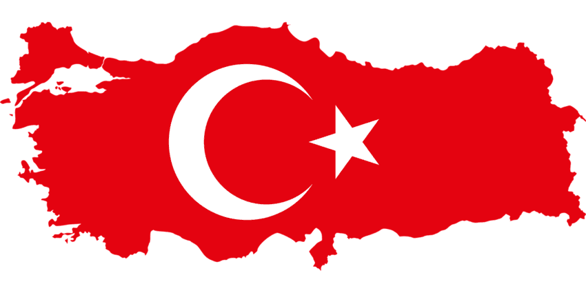 Силует карти Туреччини, заповнений візерунком турецького прапора (червоне тло з білим півмісяцем і зіркою).